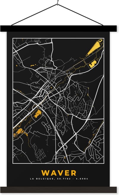 Posterhanger incl. Poster 40x60 cm - Schoolplaat - Plattegrond - Waver - Kaart - Goud - Stadskaart - Textielposter - Zwarte latten - Stadskaart