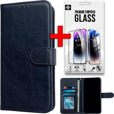 Casemania Hoesje Geschikt voor Samsung Galaxy A15 - Blauw + Tempered Glazen Screenprotector - Luxe Portemonnee Book Case