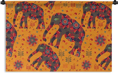 Wandkleed - Wanddoek - Olifant - Ornament - Bloemen - Patroon - 90x60 cm - Wandtapijt