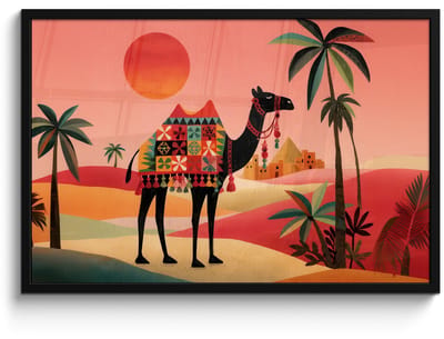 Poster in lijst - Fotolijst 90x60 cm - Posters - Kameel - Gekleurd tapijt - Duinen - Rode zon - Posterlijst zwart - Decoratie - Wanddecoratie woonkamer - Muurdecoratie slaapkamer