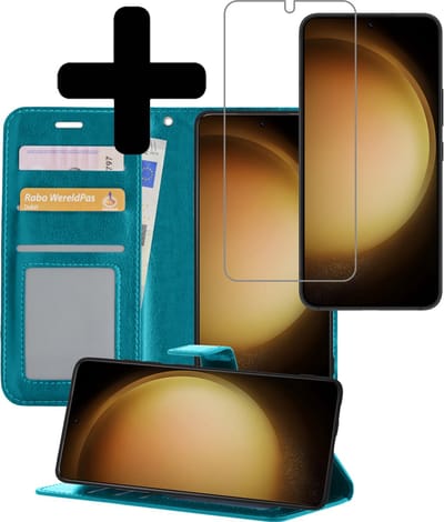 Hoesje - Met Screenprotector - Geschikt voor Samsung Galaxy S23 - Luxe Pasjeshouder - Bookcase Portemonee - Flip Case - Kunstleer Book Case - Flipcase - Book Cover - Walletcase - Portemonneehoes - Telefoonhoesjes - Turquoise
