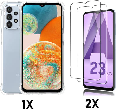 Casemania Hoesje Geschikt voor Samsung Galaxy A23 5G - Transparant + 2X Glazen Screenprotector - Anti Shock Back Cover