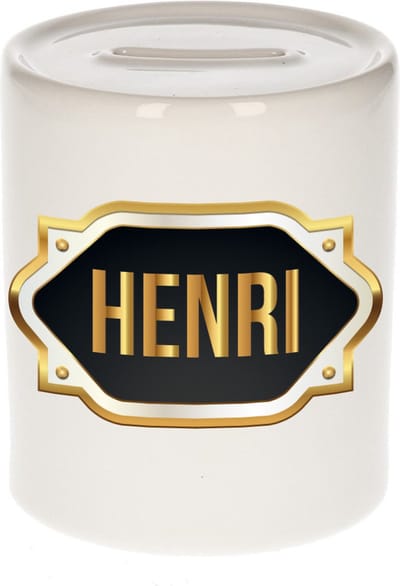Spaarpot met voornaam Henri - wit - met goud/zwart embleem - 8 x 9 cm - keramiek - met afsluitdop - cadeau verjaardag