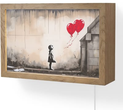 Wandlamp 30x20 cm - Oplaadbaar - Kunst - Meisje - Ballonnen - Hart - Grijs - Wandlampen binnen woonkamer - Slaapkamer lamp met kabel - Decoratieve nachtlamp - Vloerlamp snoer