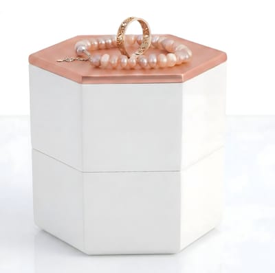 Wattenschijfjeshouder met Deksel - Betonnen Badkamerpotje Sieraden - Wattenschijfhouder Wit/Roségoud - 11 x 11 x 12 cm - Watenstaafjeshouder Galeara design Faro