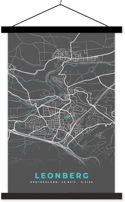 Posterhanger incl. Poster 40x60 cm - Schoolplaat - Duitsland – Blauw – Leonberg – Stadskaart – Kaart – Plattegrond - Textielposter - Zwarte latten - Stadskaart