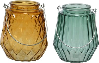 Set van 2x stuks theelichthouders/waxinelichthouders ruit/streep glas cognac/oranje en zeegroen met metalen handvat 11 x 13 cm