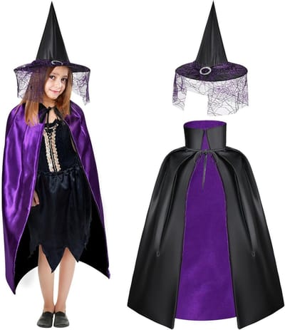 Halloween Tovenaarscape met Hoed voor Kinderen, Heksencape voor Feestjes, Cosplay Kostuum en Verkleedpartijen voor Meisjes