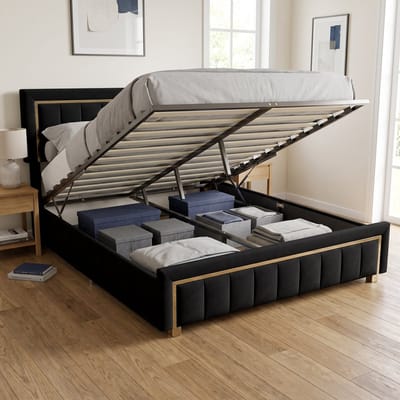 Gestoffeerd Opbergbed - Tweepersoonsbed 160x200 cm - met hydraulische opbergruimte en lattenbodem - Fluwelen bed - Luxe stijl - Zwart