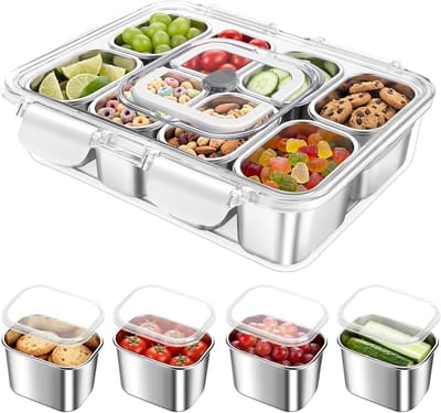 Snackdoos met 8 RVS Compartimenten, Snacktray met Handvat en Deksel voor Fruit, Snacks en Specerijen, Ideaal voor Feestjes, Picknicks en Uitjes, Vaatwasmachinebestendig