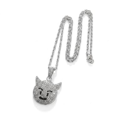 Zilverkleurige ketting met strass emoji-hanger – ketting voor heren en dames – glinsterend gezicht met hoorntjes – schakelketting met fantasiehanger