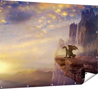 Gards Tuinposter Draak op een Rots bij Zonsondergang - 160x120 cm - Tuindoek - Tuindecoratie - Wanddecoratie buiten - Tuinschilderij
