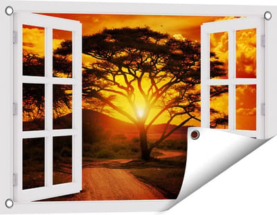 Gards Tuinposter Doorkijk Zonsondergang Achter een Savanne Boom - 60x40 cm - Tuindoek - Tuindecoratie - Wanddecoratie buiten - Tuinschilderij