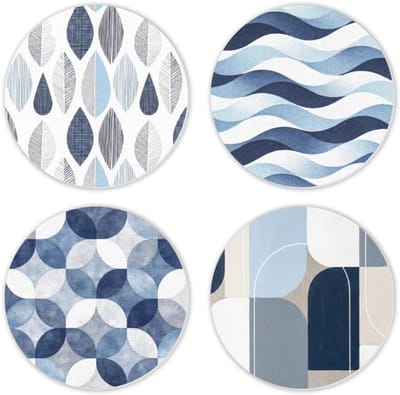 Minimalistische wanddecoratie set van 4, blauwe vinylplaten van 30 cm, abstracte kunst voor slaapkamer, moderne ruimte-esthetiek en eenvoudige lijntekeningen