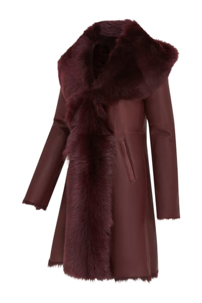 Dames Trenchcoat met capuchon van bordeauxrood Toscaanse schapenvacht - Coast