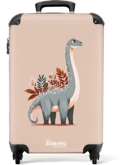 NoBoringSuitcases.com® - Kinderkoffer jongen - Kindertrolley jongens - Blauwe dinosaurus op een beige achtergrond - Handbagage koffer lichtgewicht - Reiskoffer trolley kinderen - Rolkoffer met wieltjes - Past binnen 55x40x20 en 55x35x25