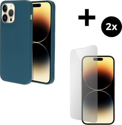 Mobiparts Silicone Cover hoesje geschikt voor Apple iPhone 14 Pro Max met 2 Screenprotectors van Gehard Glas - Blauw