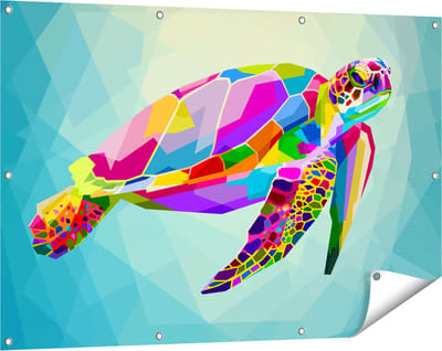 Gards Tuinposter Kleurrijke Schildpad in het Water - 120x80 cm - Tuindoek - Tuindecoratie - Wanddecoratie buiten - Tuinschilderij