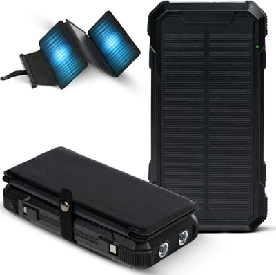 Avianta®Solar Powerbank 26.000 mAh - 3 Extra Zonnepanelen - Handzwengel - 22,5W Snelladen - Draadloos 15W – Zaklamp – Ingebouwde Kabels - USB-C PD - Outdoor - Noodpakket - Zwart