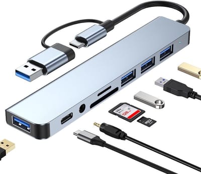 Deze aluminium 8-in-1 USB-hub beschikt over één USB 3.0-poort, drie USB 2.0-poorten, één USB-C-poort, een SD/TF-kaartlezer en een 3,5 mm audio-aansluiting. Hij is Geschikt voor MacBook Pro, Air en andere pc's, laptops en tablets.
