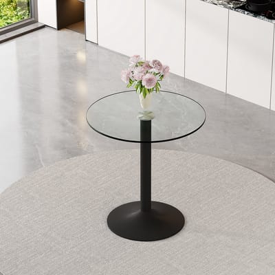 Wishdor - Ronde Bartafel - Transparant Tafelblad En Stabiele Metalen Voet - Minimalistisch Ontwerp - Voor Woonruimte Of Horeca - Glas En Metaal - Zwart En Transparant - Diameter 89 Cm Hoogte 92 Cm Met 1 Cm Bladdikte