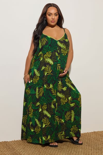 Bump It Up Maternity Maxi Jurk Met Tropische Palmprint In Zwart/Groen Size 44