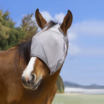 L-formaat paarden vliegenmasker zonder oren en neusloos | Verstelbaar vliegenwerend net met UV-bescherming | Comfortabele one-size bescherming tegen insecten en ongedierte