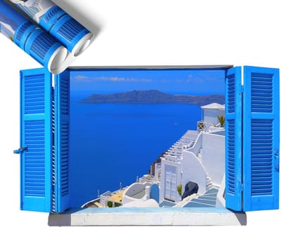 Wallfluent 3D Muursticker - Mediterraan landschap Muursticker Raam - 60x36 cm - Blauw 3D Muursticker Raam - Muursticker 3D Uitzicht - Nep Raam Met Uitzicht - Muursticker Raam Uitzicht - Nep Raam Muursticker - Zelfklevend Vals Raam