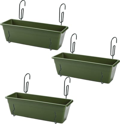 3x stuks hangende balkon reling plantenbakken groen rechthoekig 50 x 17 x 15 cm met setje metalen ophang beugels
