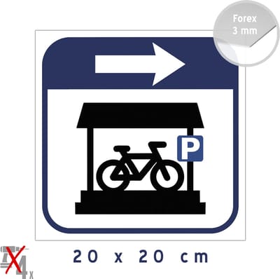 Pictogram/ bord | Overdekte fietsenparking ---> | 20 x 20 cm | Bij regen | Droge fietsenstalling | Fietsers | Parkeerplaats fiets | Stalling | Steps | Elektrische | Pijl | Rechts | 1 stuk