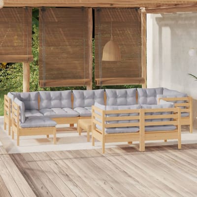 vidaXL - 10-delige - Loungeset - met - grijze - kussens - massief - grenenhout