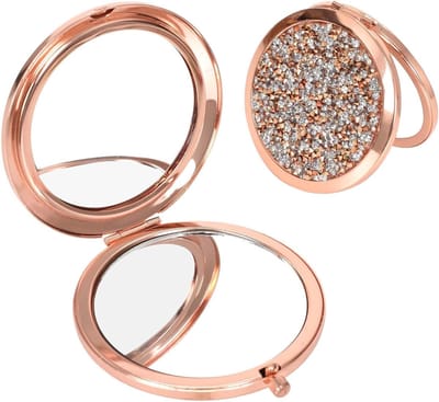 Ronde compacte spiegel van 7 cm met 1-voudige vergroting, draagbare opvouwbare cosmeticaspiegel, ideaal voor meisjes en vrouwen, elegant design met rosegoud en diamantenaccenten