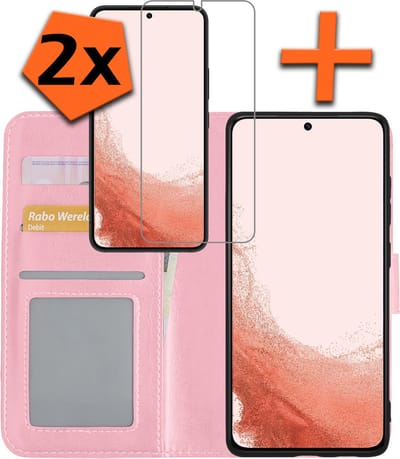 Hoes - Met 2x Screenprotector - Geschikt voor Samsung Galaxy S22 - Luxe Pasjeshouder - Bookcase Portemonee - Flip Case - Kunstleer Book Case - Flipcase Hoes - Book Cover - Walletcase - PortemonneeHoes - Lichtroze