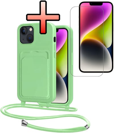 Hoes Geschikt voor iPhone 13 Hoesje Pasjeshouder Cover Met Koord Case Siliconen Hoes Met Telefoonkoord en Kaarthouder Met Screenprotector - Groen