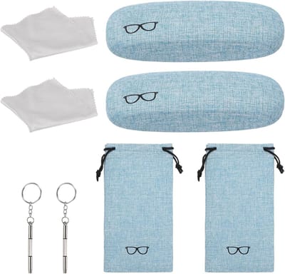 Harde brillenkoker set van linnen, stijlvolle organizer voor zonnebrillen met opbergtas en zachte doek, blauw en praktisch ontwerp