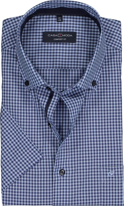 CASA MODA comfort fit overhemd - korte mouw - popeline - blauw geruit - Strijkvriendelijk - Boordmaat: 40 (EU maat: M)