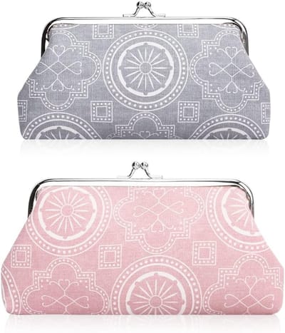 2 Packs Grote Muntentas met Kussenslot Sluiting - Canvas Geld- en Make-up Tas, Vintage Pouch en Wisselgeldhouder voor Meisjes en Vrouwen, Roze en Grijs