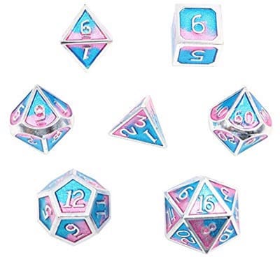 Polyedrische dobbelstenen set van 7 voor D&D en RPG's met opbergtas - Metalen zinklegering in blauw en roze