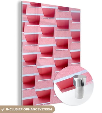 MuchoWow® Glasschilderij 30x40 cm - Schilderij acrylglas - Roze - Balkon - Zomer - Architectuur - Foto op glas - Schilderijen
