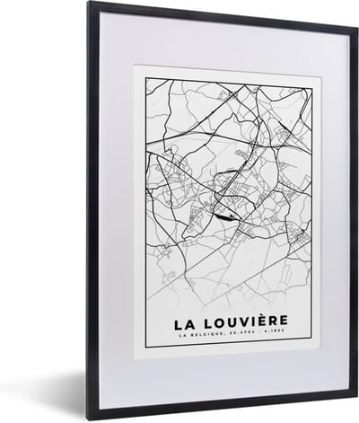 Fotolijst incl. Poster Zwart Wit- België – La Louvière – Stadskaart – Kaart – Zwart Wit – Plattegrond - 30x40 cm - Posterlijst