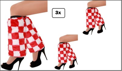 3x Paar Beenwarmers pluche rood/wit geblokt - been warmer carnaval optocht cheerleader voetbal hockey unisex festival feest apres ski fitness brabant rood wit