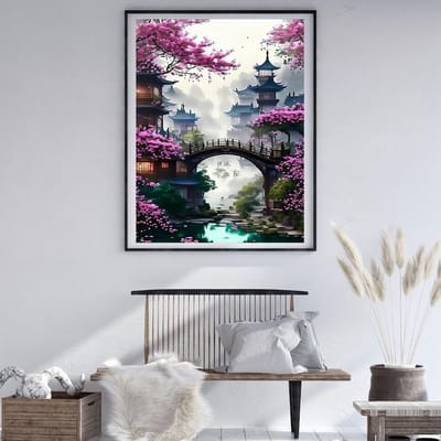 5D Diamant Schilderen met Kersenbloesem en Brug, Landschap DIY Kit voor Volwassenen en Beginners, Wanddecoratie 30 x 40 cm, Creatieve Hobby en Ontspanning