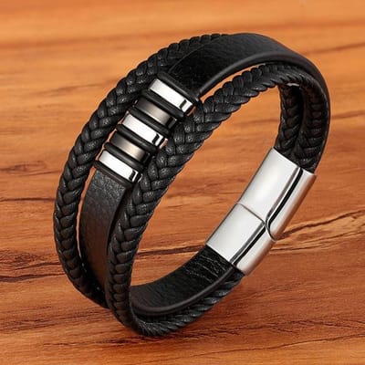 Mode Roestvrijstalen Charm Magnetische Zwarte Heren Armband Leer Echt Gevlochten Punk Rock Bangles Sieraden Accessoires Vriend 23cm black