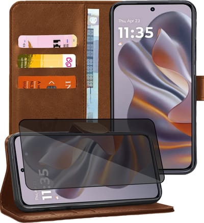 Hoesje geschikt voor Motorola Edge 50 Neo / Edge 60 Neo / Thinkphone 25 - Privacy Screenprotector Volledig Dekkend Glas - Portemonnee Book Case Bruin