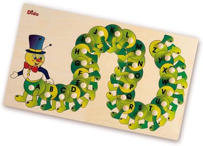 Houten Puzzel - Alfabet Rups - Leren Spelen - Met Grote Knoppen - 27.5 x 27.5 cm - Alfabet Dragon