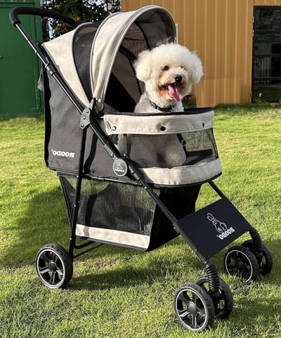 Huisdieren Wandelwagen - Hondenbuggy Kattenkar - Reizen met Huisdier - Schokdemper & 360° Voorwiel - 30 pond capaciteit - Licht Kaki