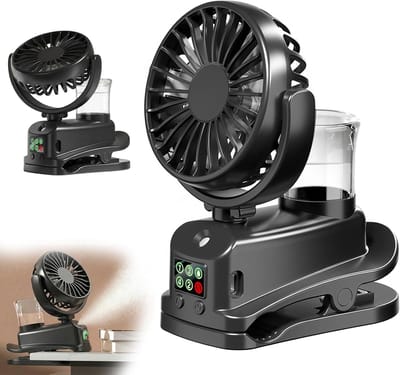 YAGXIG Mini USB draagbare clipventilator - Oplaadbare miniventilator - Met luchtbevochtiger - 4 windsnelheden - Bureauventilator - Draagbare miniventilator voor thuis en kantoor - (Zwart)