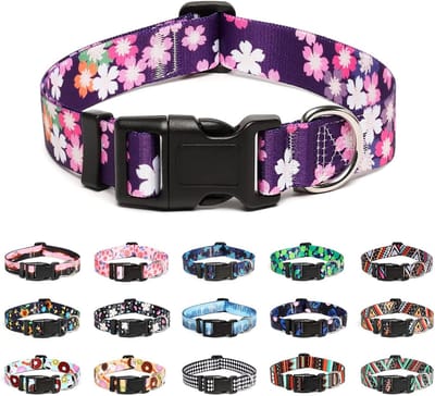 Verstelbare hondenhalsband - speciale ontwerpen, zachte comfortabele duurzame nylon halsband voor kleine, middelgrote en grote honden, S, roze bloemen