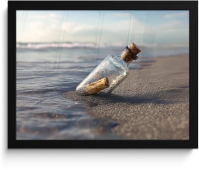 Poster in lijst - Fotolijst 40x30 cm - Posters - Glazenfles - Post - Zee - Zand - Posterlijst zwart - Decoratie - Wanddecoratie woonkamer - Muurdecoratie slaapkamer