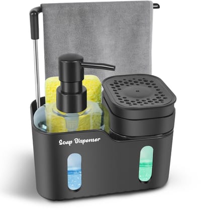 Dailygoods- Zeepdispenser Dubbel 4-in-1 - Handzeep/afwasmiddel - Sponshouder - Vaatdoekhanger - Antislip - Afneembaar ontwerp - Keukenorganizer